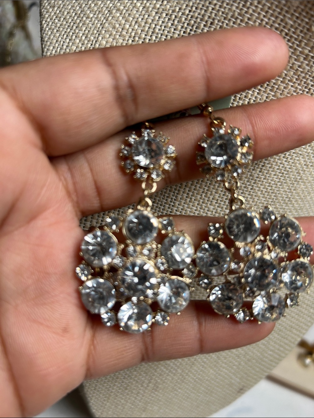 Gold Tone Clear Crystal Cluster Drop Earrings